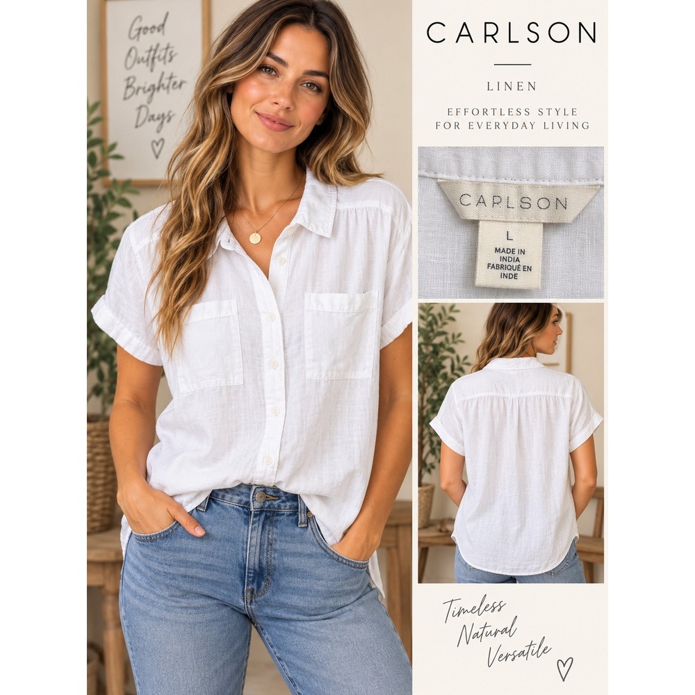 Caslon Womens White Linen Blend Short Sleeve Button Down Shirt Large